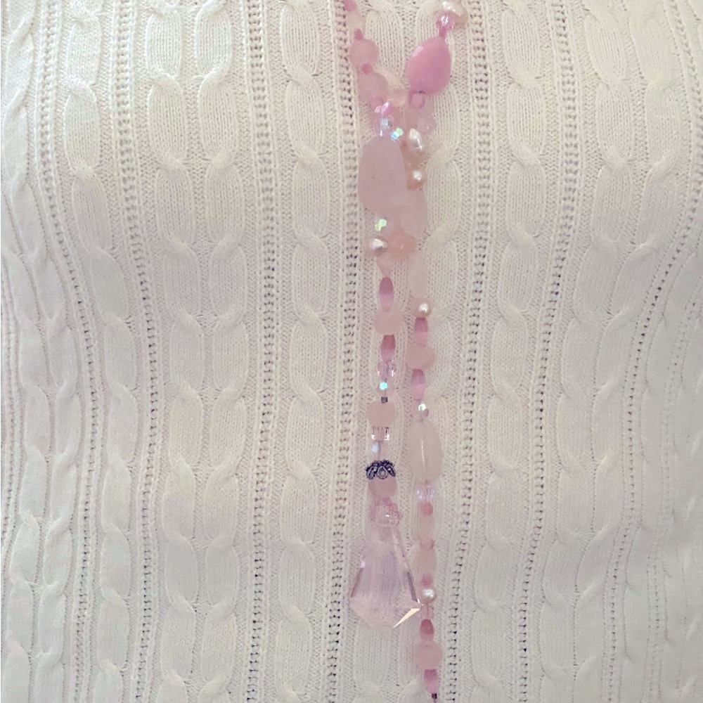 Long “yard” necklace pearls, pink quartz crystals